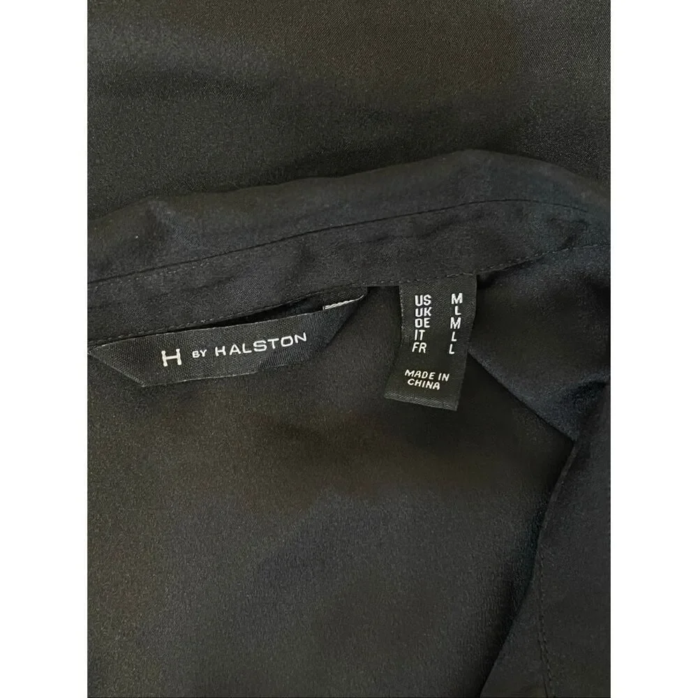 H by Halston Women's Bell Sleeve Sheer Hidden Button Shirt Dress Black Sz Medium